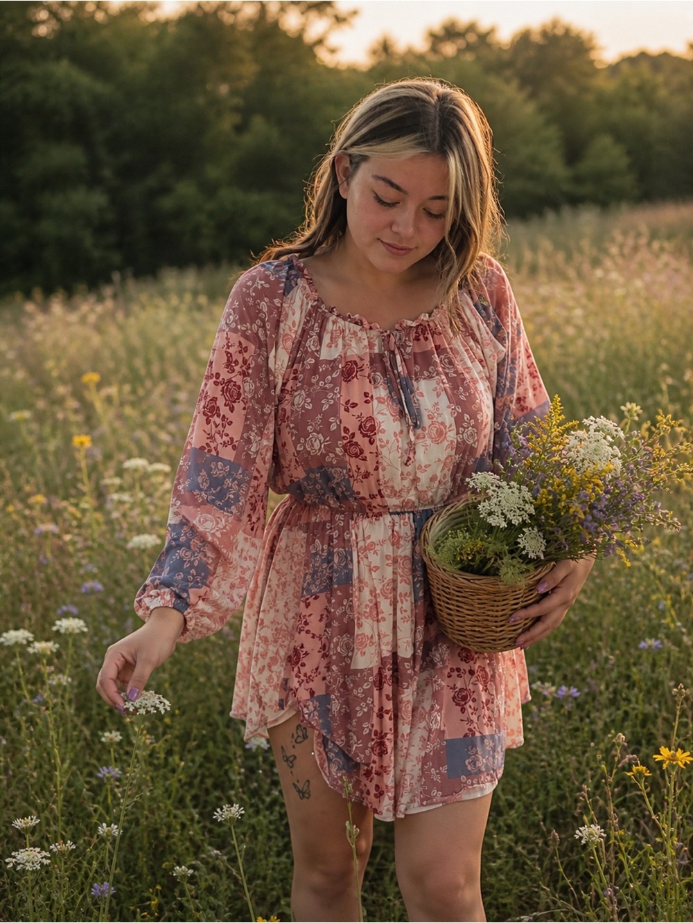 Boho Patchwork Floral Peasant Dress - Pink Mix